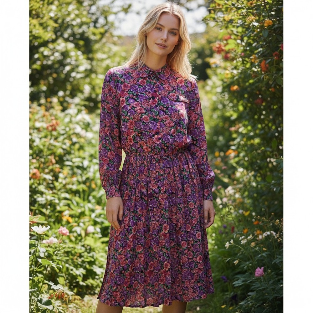 Leslie Fay Floral Midi Dress Womens 12 Purple Pink Pleated Vintage Long Sleeve